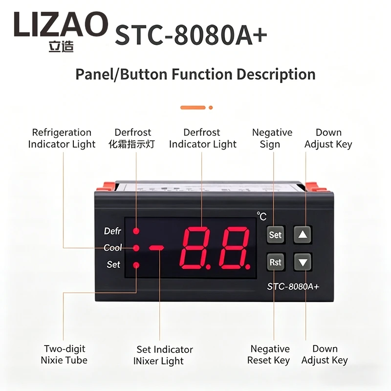 LIZAO STC-8080A+ Microcomputer Thermostat High Precision LED Display Controller for Cold Storage and Freezers