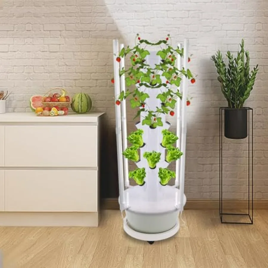 Hydroponic growing tower for indoor/outdoor garden farms and schools: white 7-tier vertical system with LED grow lights, 24-hou view 5