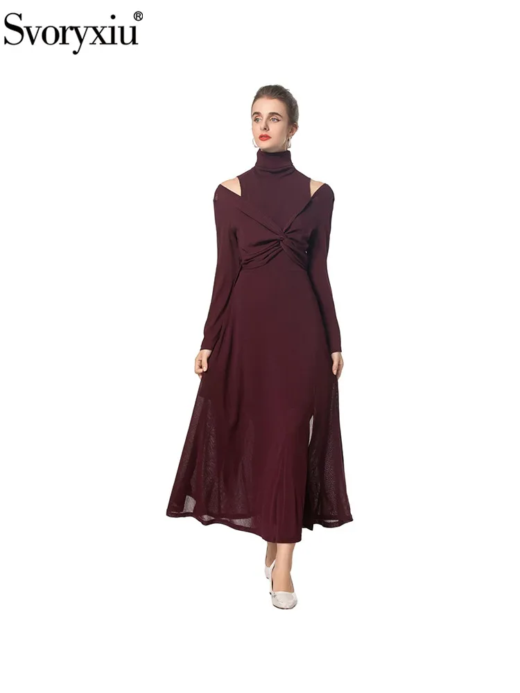 

Svoryxiu Fashion Runway Autumn Burgundy Vintage Floor-Length Dress Women High Neck Strapless Long Sleeve Ruched High Waist Dress