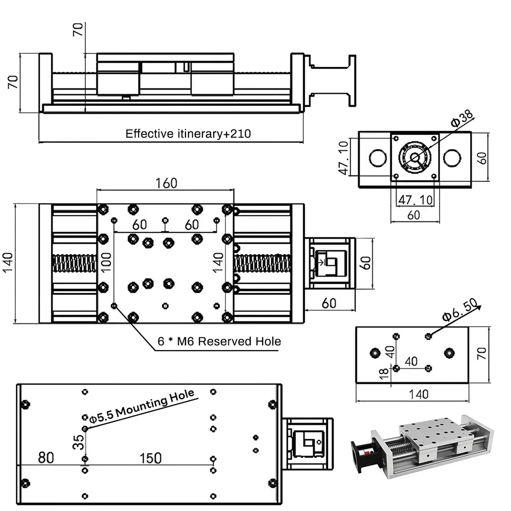 Obrázek 5: 140mm široký celistvý aluminium talíř záruka lodní šroub klouzat stůl 80KG lineární gwint bariéra jeviště single-axis lineární aktuátor SFU2005/SFU2010