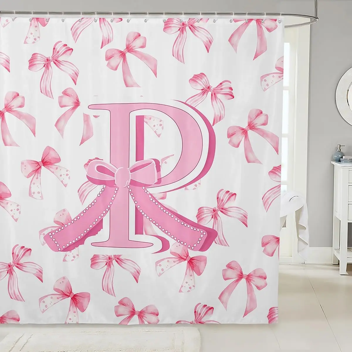 

Pink Bow Letter R Shower Curtain Monogram Decorative Bathroom Curtain Personalized Style Bow Knot Bathroom Accessories
