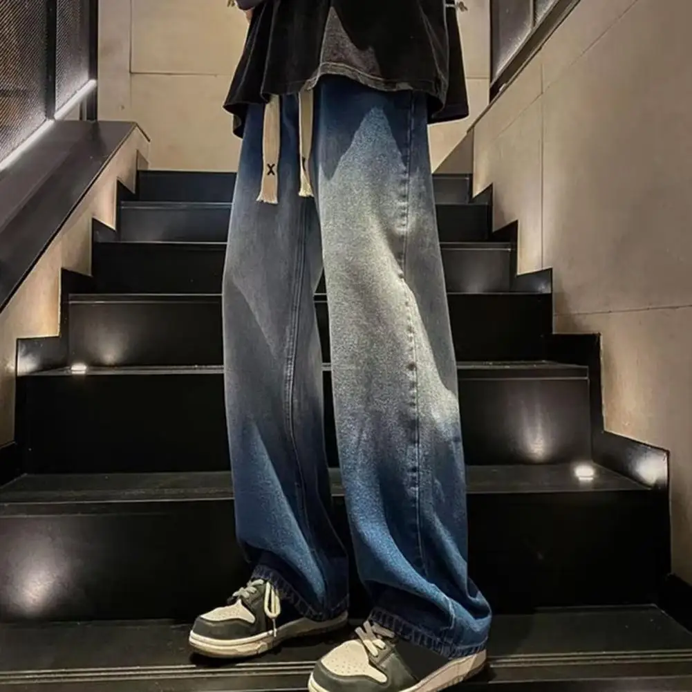 

Men Jeans Wide Leg Straight Loose Deep Crotch Gradient Color Drawstring Elastic Waist Soft Retro Hip Hop Men Full Length Pants