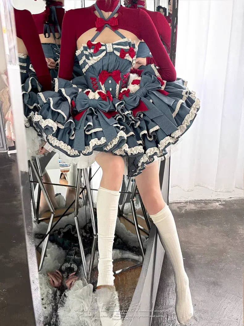 

Summer Lace Stitching Bow Tie Pleated Slim Waist Sweet Lolita Princess Short Ball Gown Dress Women Birthday Cake Style