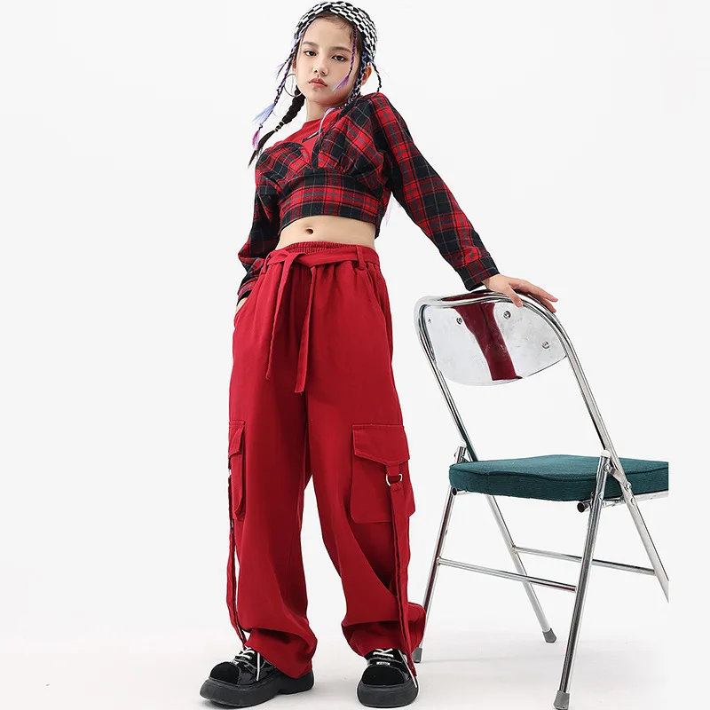 Children Clothing Jazz Modern Dance Costumes Red Plaid Crop Top Hip Hop Casual Cargo Pant Girls Kpop Streetwear Performance Wear