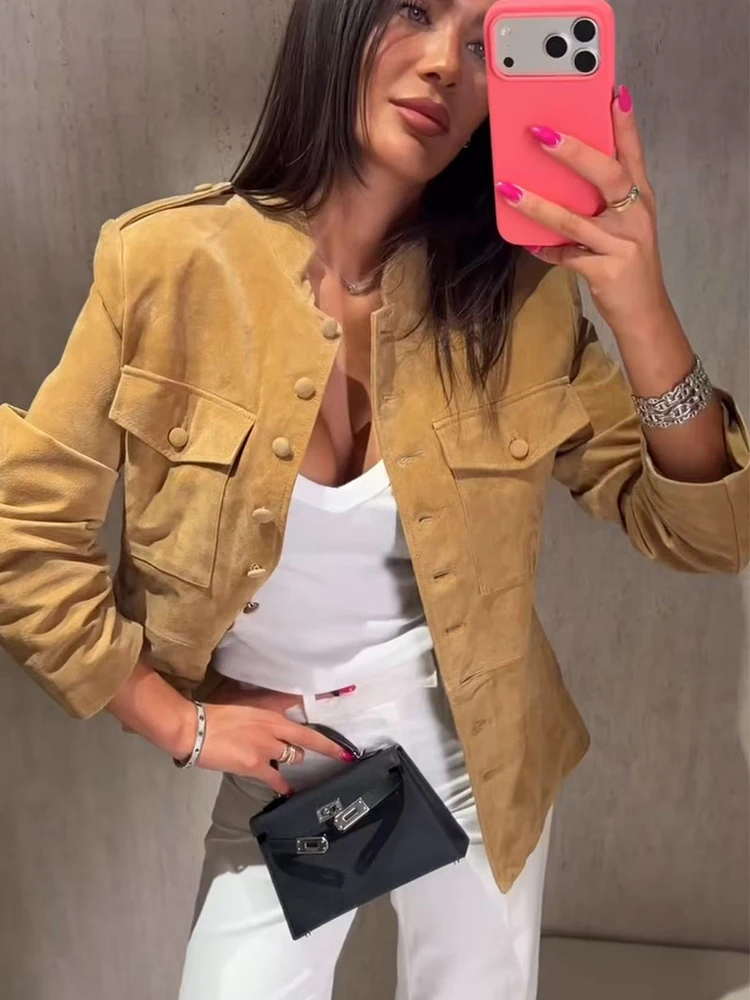 Women Slim Jacket Stand Collar Long Sleeve Single Breasted Pockets Solid Suede Coat 2026 Autumn Fashion Commute Outerwear