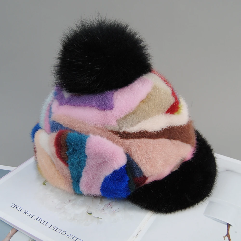 2024 New Arrival Women Fashion Colorful Real Fur Hats Ladies Winter Warm Natural Mink Fur Hat Girl Fox Fur Pompoms Bomber Caps