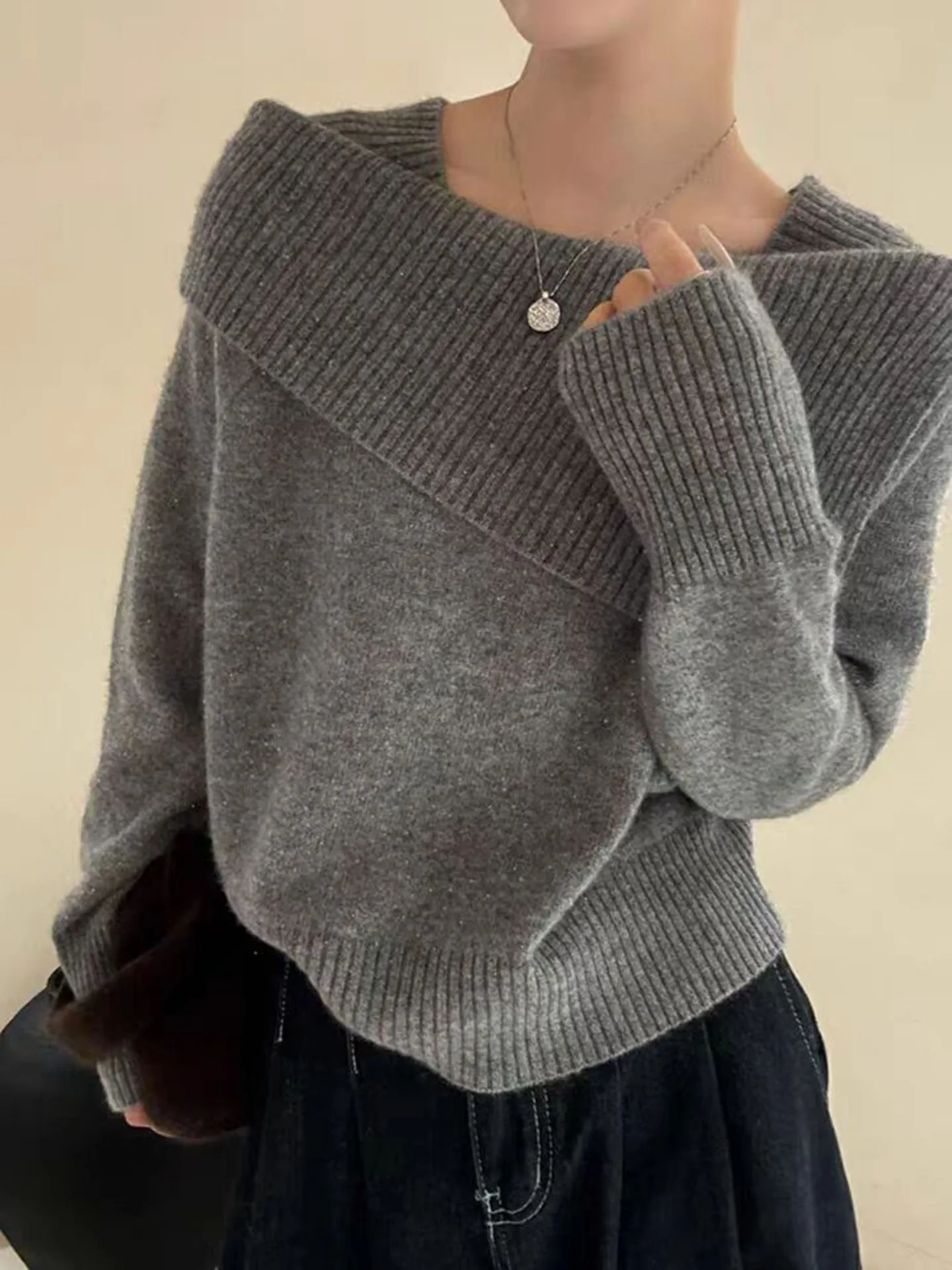 Casual Style Knitted One-Shoulder Sweater Soft Cozy Versatile Lazy Design Autumn New Arrival Comfortable Long Sleeve Women's Top