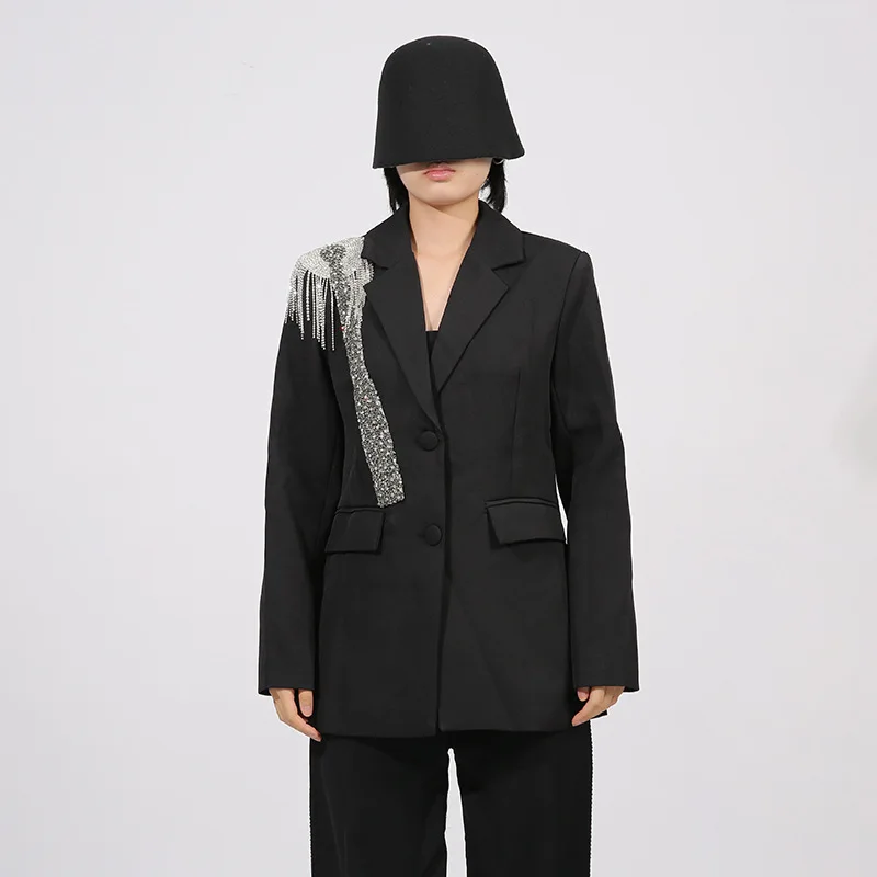French Elegant Commuting Office Lady Jacket Coat Heavy Industry Diamond Bead Single-Breasted Slim Versatile Black Blazers Women