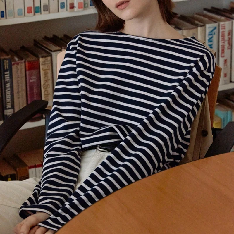 

Johnature Casual New Striped Pullover Women T-Shirts 2024 Spring Autumn Simple All Match Loose Female Render T-Shirts Tops