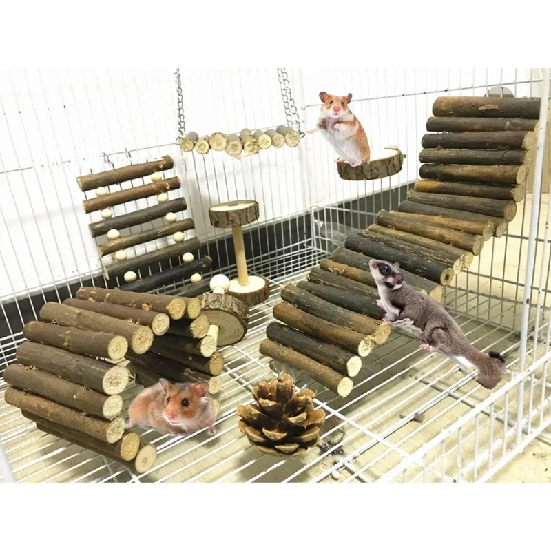 

8Pcs Hamster Toys Set Wooden Cage Swing Teething Toys Climb Ladder Bridge Exercise Playing Teeth Care Toy for Rabbits Gerbils