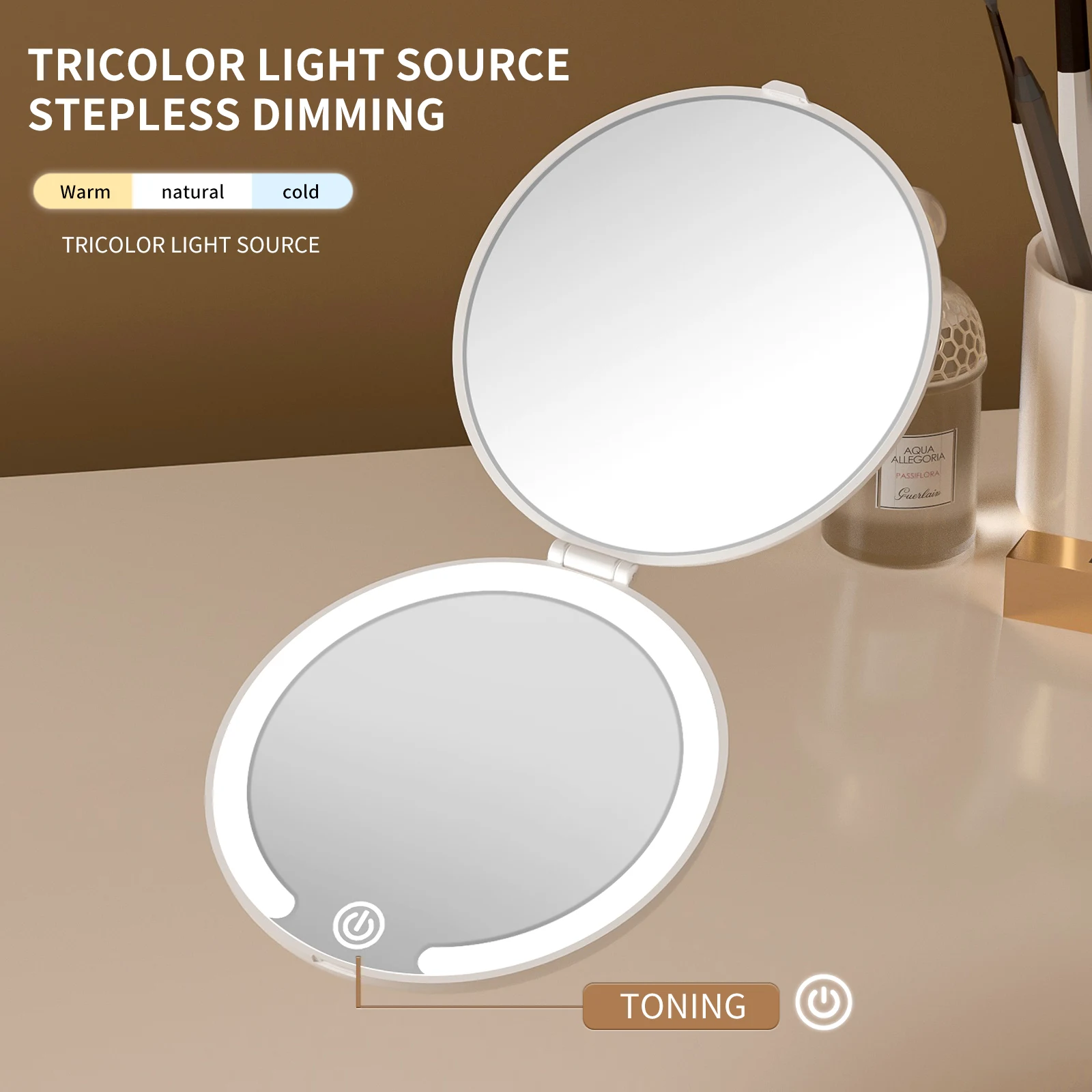 LED Lighted Travel Makeup Mirror, 3 Colors Light, 5X Magnifying, Portable Compact Vanity Mirror view 3