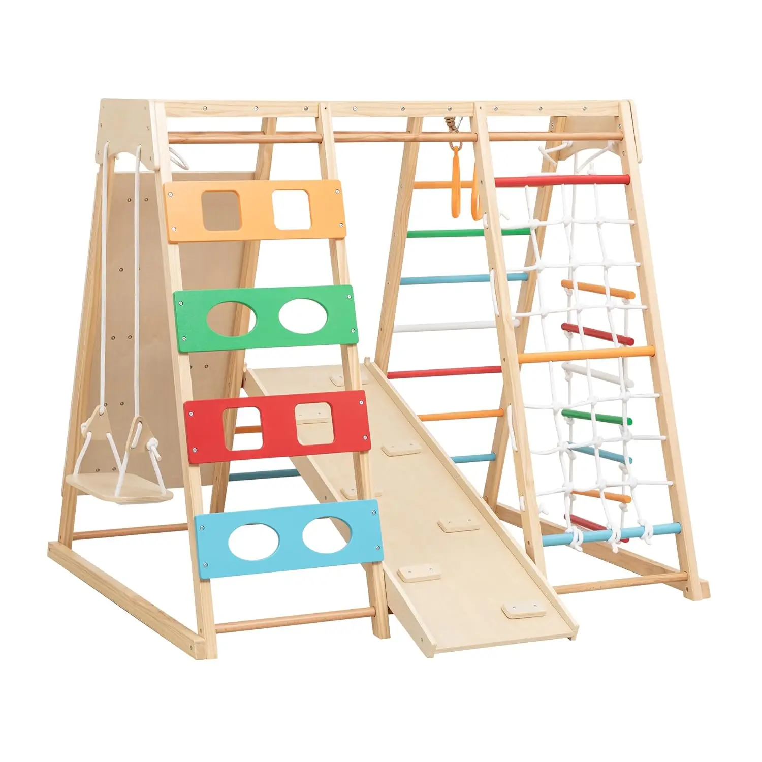 

9-in-1 Toddler Indoor Jungle Gym & Playground Set, Wooden Climbing Toy with Slide, Swing, Climbing Net, Rings –, Customized
