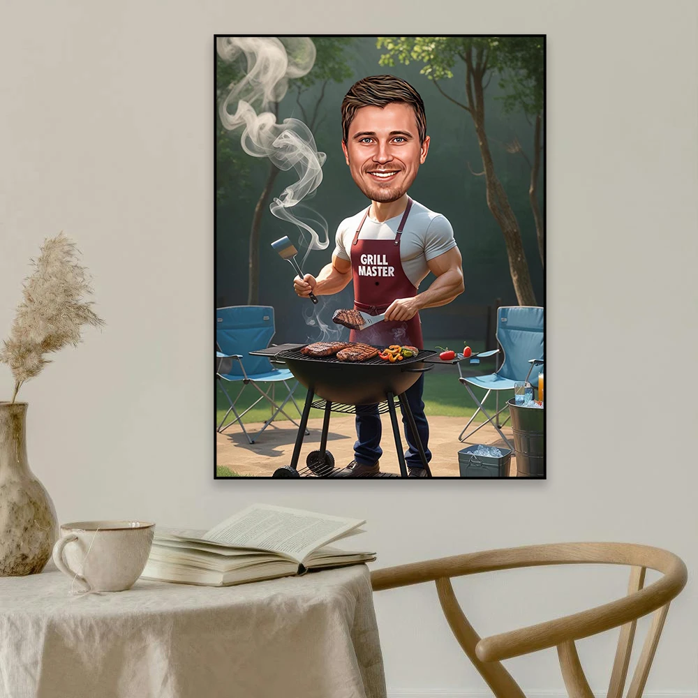 Custom BBQ Caricature Poster Grill Master Cartoon Portrait Prints Personalized BBQ Gift Chef Summer BBQ Art Canvas Painting