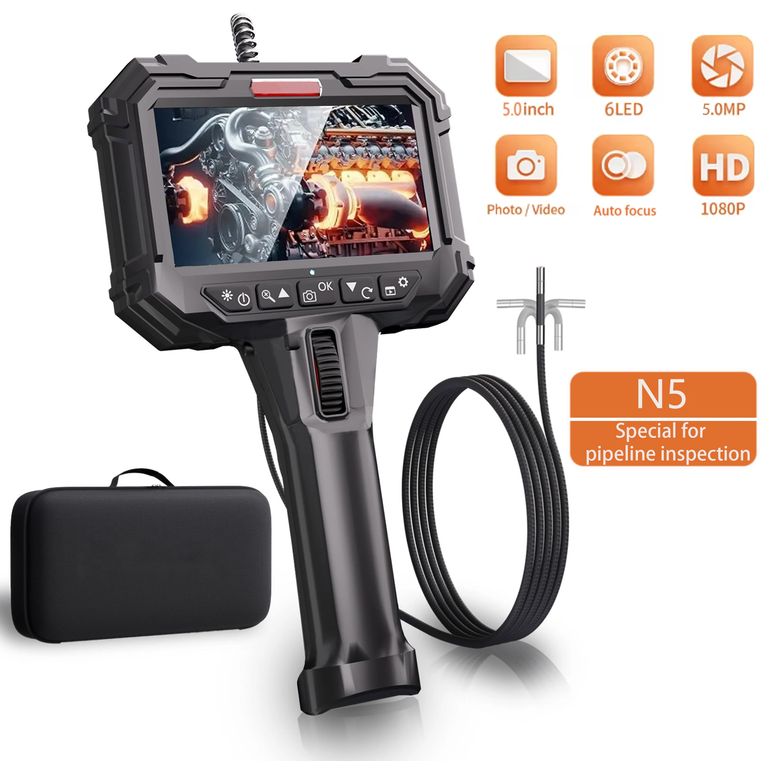 

5 inch Two-Way Articulating Borescope, Automatic focusing, equipped with rechargeable battery camera, for pipeline inspections