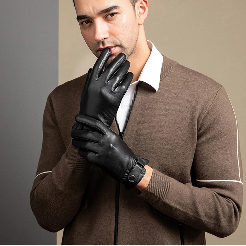 Genuine Sheepskin Leather Gloves for Men, Winter Warm Touchscreen Texting Cashmere Lined Driving Motorcycle Gloves