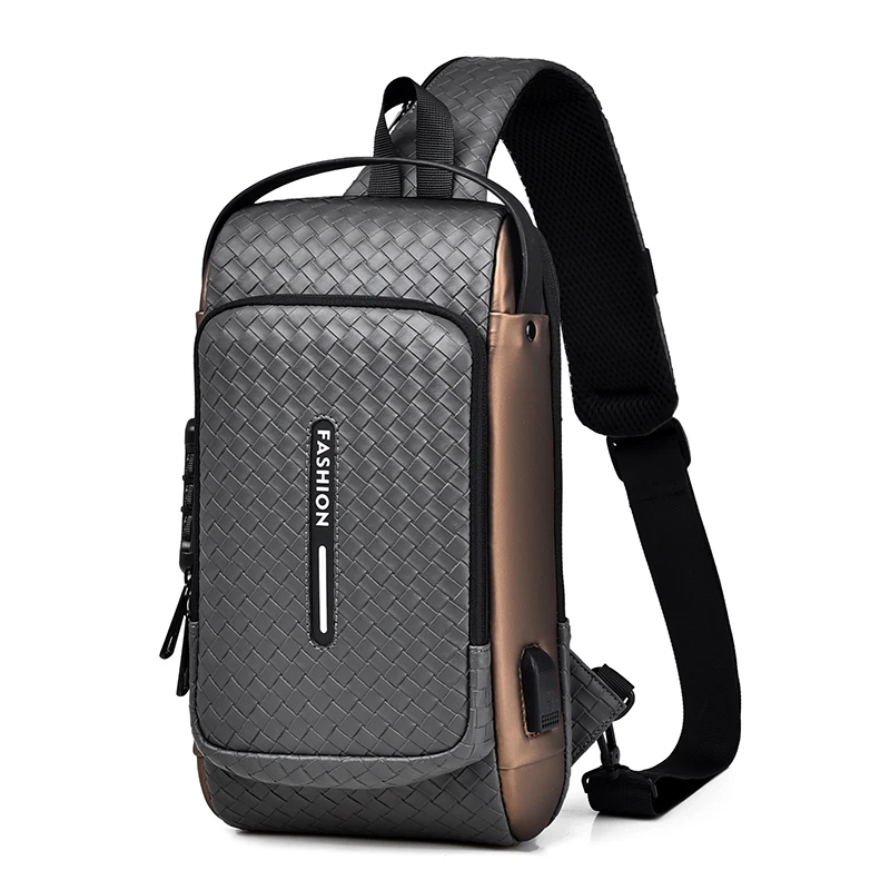 Portable Backpack with USB Charging Port Male PU Shoulder Outdoor Sports Crossbody Bag Men Fashion Chest Bag Anti-theft Tape Bag