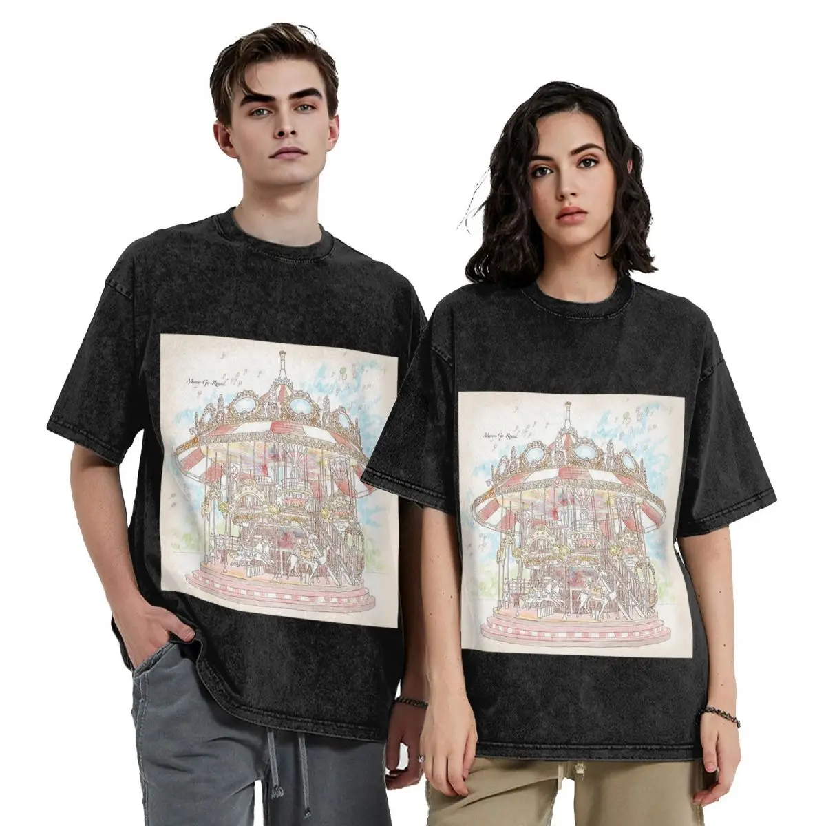 Pastel Circus Carousel Hip Hop Short Sleeve T-Shirts Washed Tops Tees Streetwear T Shirt Cotton for Men woman