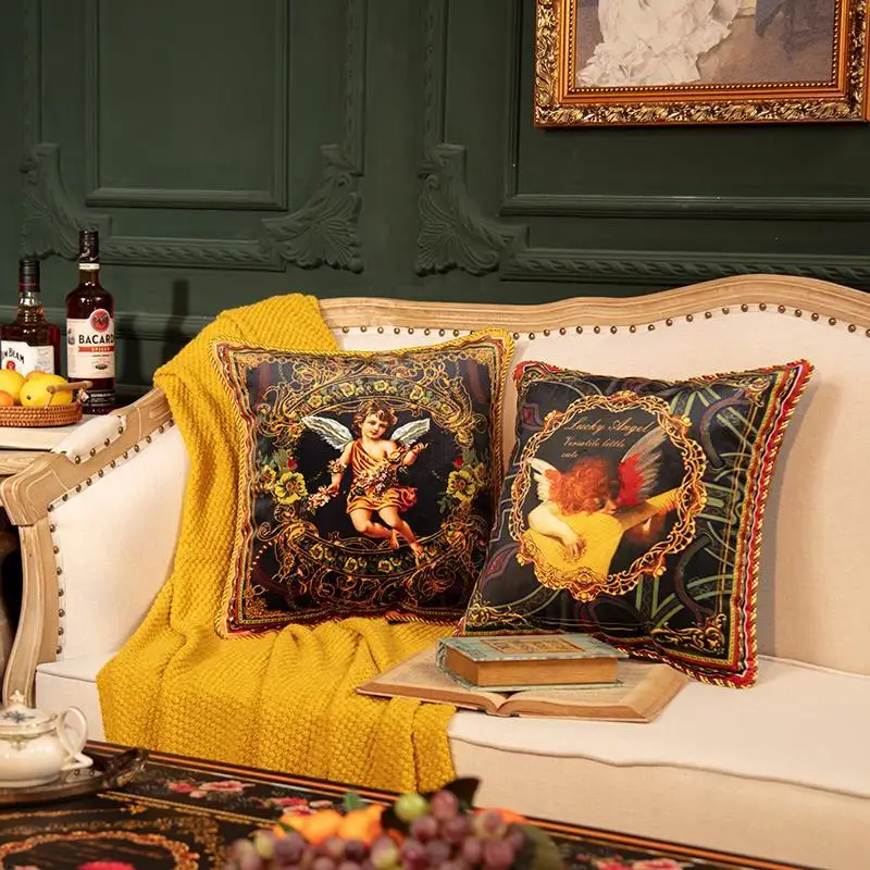 Luxury American Style Cushion Cover Double-sided Velvet Pillowcase With Gold Border Angel For Home Living Room Sofa