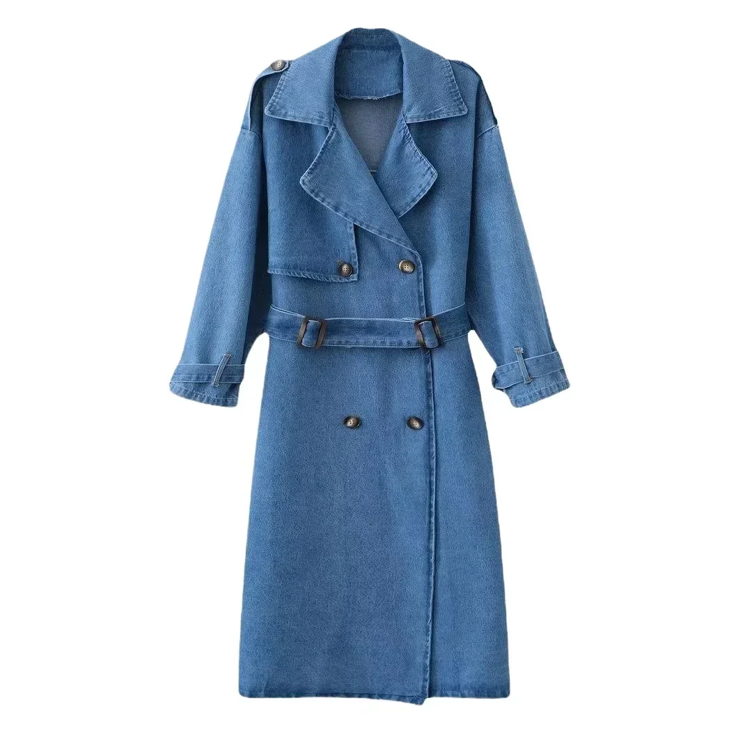 Europe and The United States Autumn New Fashion Street Personality Double Breasted Lapel Casual Long Denim Coat with Belt Women