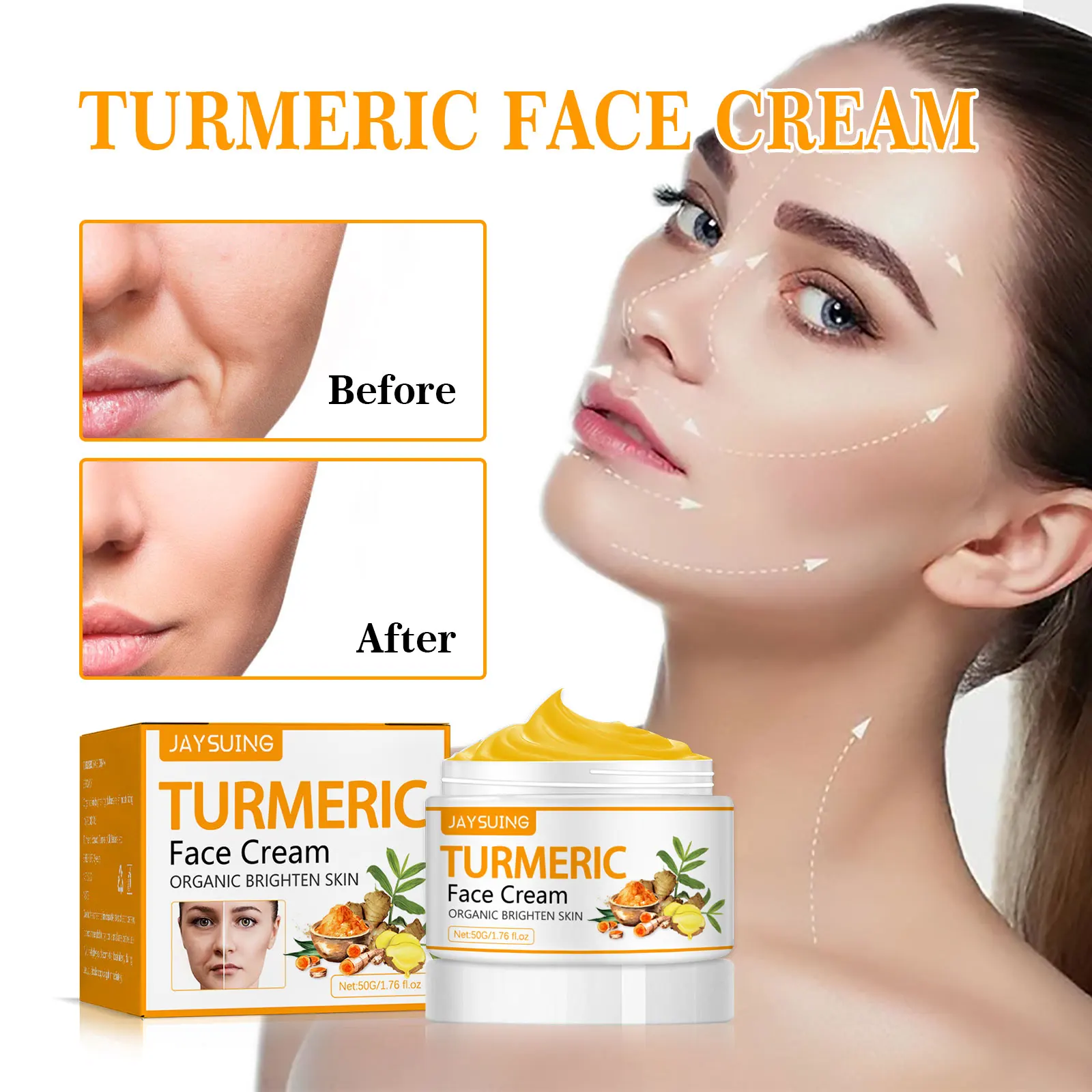 Turmeric firming skin beautifying face cream reduces wrinkles, shrinks pores, brightens skin tone and moisturizes face cream