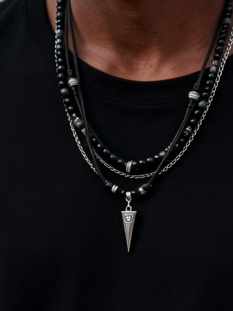 Rock-Punk Mehrschichtige Halskette für Männer, Lässige Mehrlagige Schwarze Lederkette, Wasserfester Kleiner Geometrischer Anhänger Geschenk