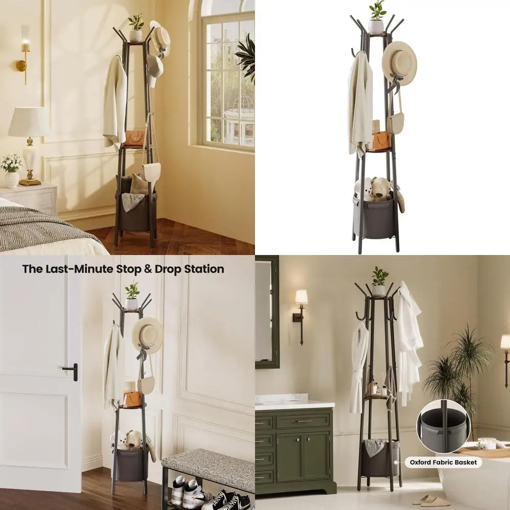 

Прочная вешалка для одежды с корзиной для хранения и 12 крючками для прихожей, спальни и организации пространства в офисе