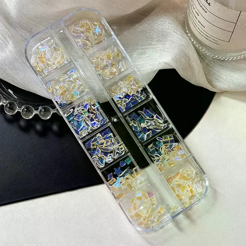 12 Grids/Box Sparkle Mini Resin Aurora Ice Translucent Cognac Mix Shapes Sharp Nail Art Rhinestones Decor Charms