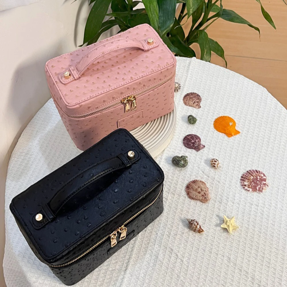 Customized Name Ostrich-Pattern Makeup Bag, High-End Hand-Held Leather Makeup Bag, Cosmetics Storage and Toiletry Small Bag