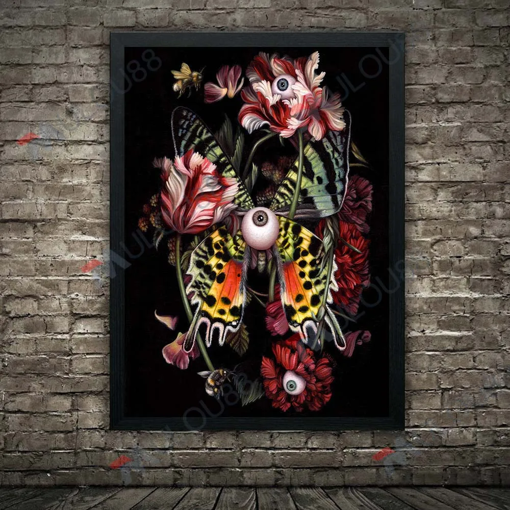 Mysterious Eye Organ Flowers And Butterflies Abstract Wall Art Canvas Painting Horror Demon Floral Art Poster Print Home Decor