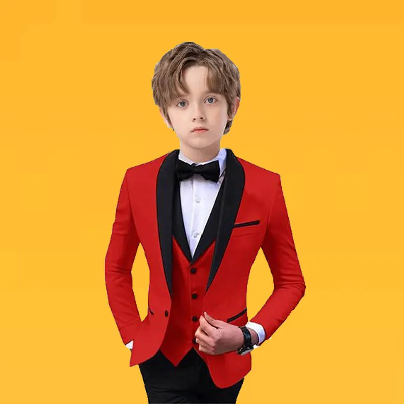 

Children 4 Pieces Red Jacket Vest Pants Bowtie Photograph Suit Kids Piano Host Performance Dress Boy's Prom Suit For Wedding