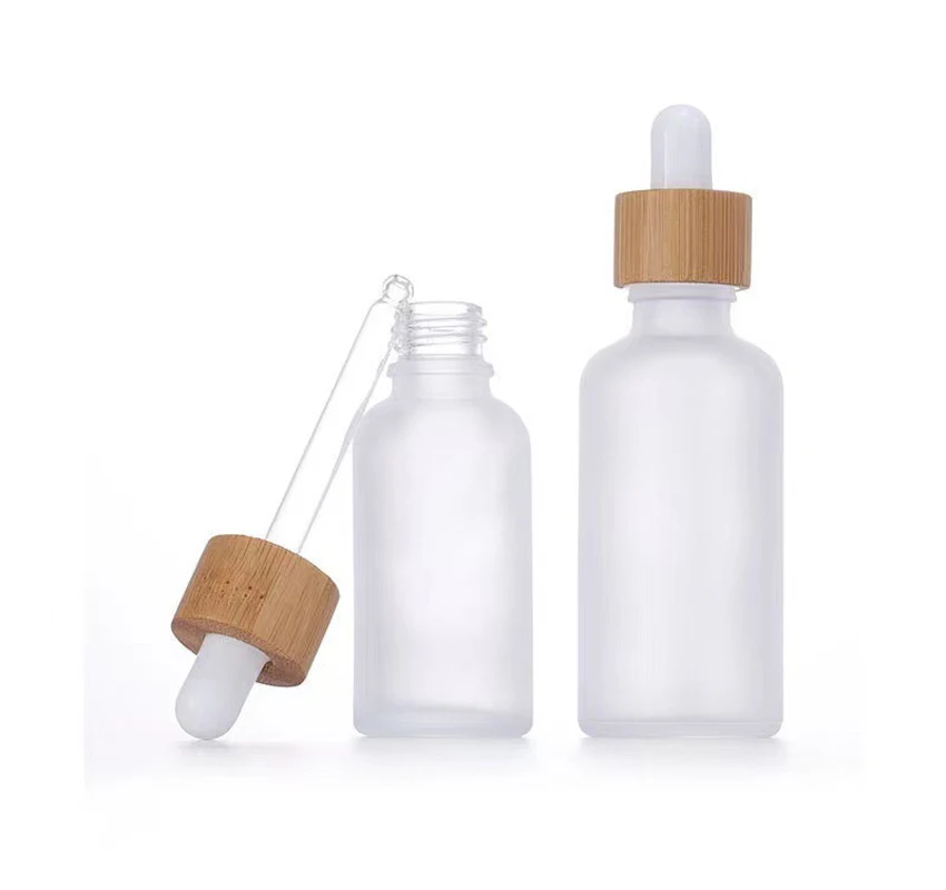 5X 10X Frosted Clear White Glass Dropper Bottles Bamboo Wood lids Drop Pipette Cap Refillable Matte essential Perfume oil Bottle