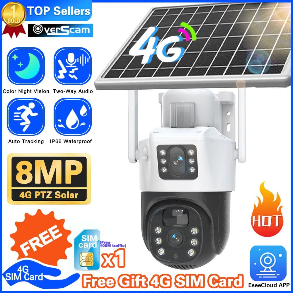 

4K 8MP Solar Camera 4G SIM Card Auto Tracking 2-way Audio Mini Security Outdoor Dual Lens CCTV Battery Surveillance Video Camera