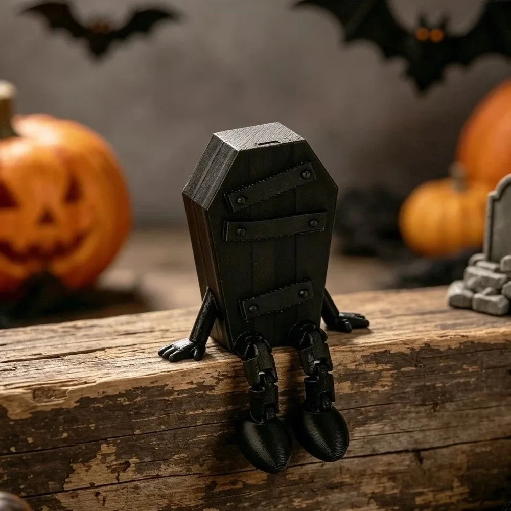 3D Printed Coffin Figurine Novelty Unique Halloween Figure Ornament Simulation Gothic Movable Joint Figurine Holiday Gift