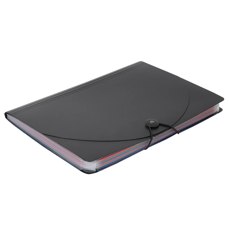 휴대용 문서 거치대 파일 폴더, A4 글자 크기, 12 개 포켓, 뚜껑이 있는 검정색 파일 폴더, 3X 확장