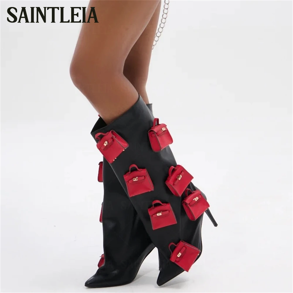 Red Purse Pendants Leather Knee Boots Sculptural Pointed Knee High Shaft Stiletto Boots Fashion Style Handmade Black Purse Boots
