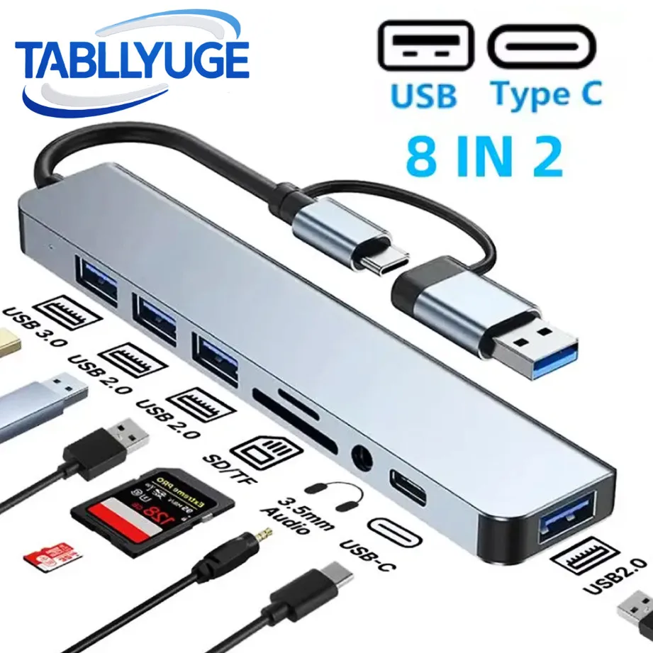2в1 4/5/7/8-портовый концентратор USB 3.0 TYPE-C с устройством чтения карт SD/TF и аудиоразъемом 3,5 мм для ПК/ноутбуков/планшетов, разветвителя