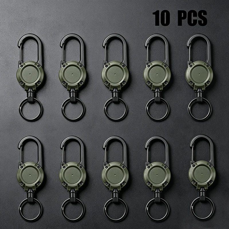 10PCS Carabiner Retractable Keychain Heavy Duty Badge Reel Tactical Key Holder Gym Bag Charm OD Green Bulk Wholesale Sport Set