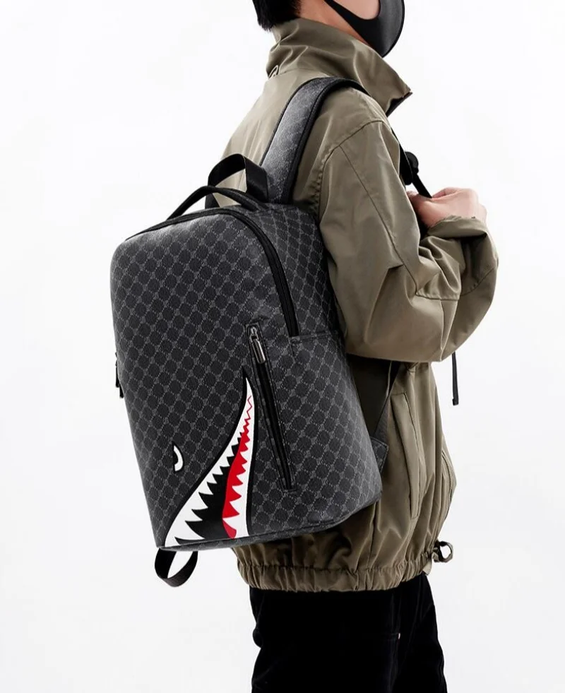 Men\'s Fashion Simple Shark Mouth Backpack Checkered Student Schoolbag Male 15 inch Computer Backpack Shoulder Bag