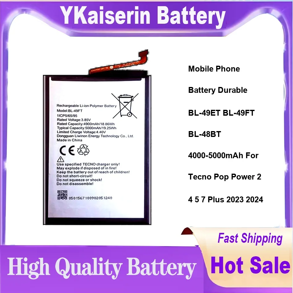 Mobile Phone Battery Durable BL-49ET BL-49FT BL-48BT 4000-5000mAh For Tecno Pop Power 2 4 5 7 Plus 2023 2024