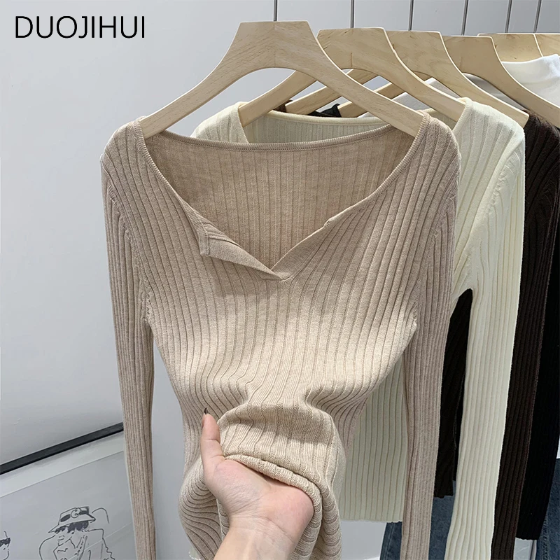 DUOJIHUI Korean New Chic V-neck Knitting Women Pullovers Autumn Fashion Striped Solid Color Simple Long Sleeve Female Pullovers