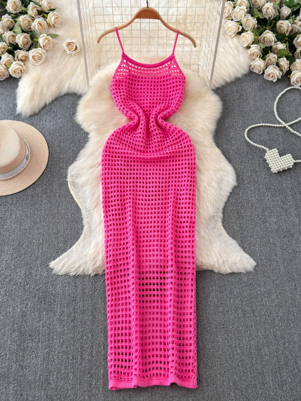 n Sle tricoté taille haute minceur plage Dr femmes été Vaion évider Bal sangle longue Dr