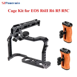 Powerwin Camera Cage For Canon EOS R6 Mark II R6II R6 R5 R5C wooden Handgrid Handle Kit Aluminum Alloy Arri Locating Screw