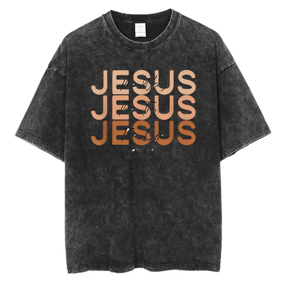 Jesus The Way The Truth The Life T-Shirt Men Washed Cotton Christian Faith Graphic Tee Retro Acid Wash Streetwear Loose Fit Top