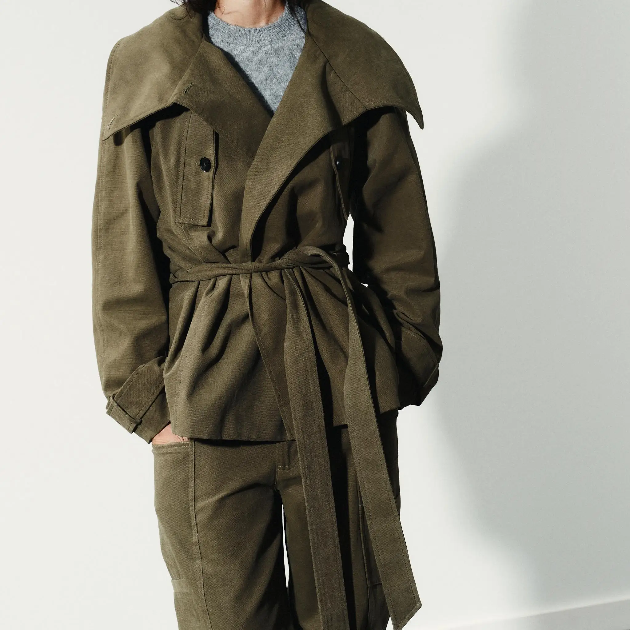 

Новое осеннее женское хлопковое пальто с поясом 8490745, длинный костюм свека прямого кроя с воротником средней длины и поясом, однотонный цвет, для поездок на работу