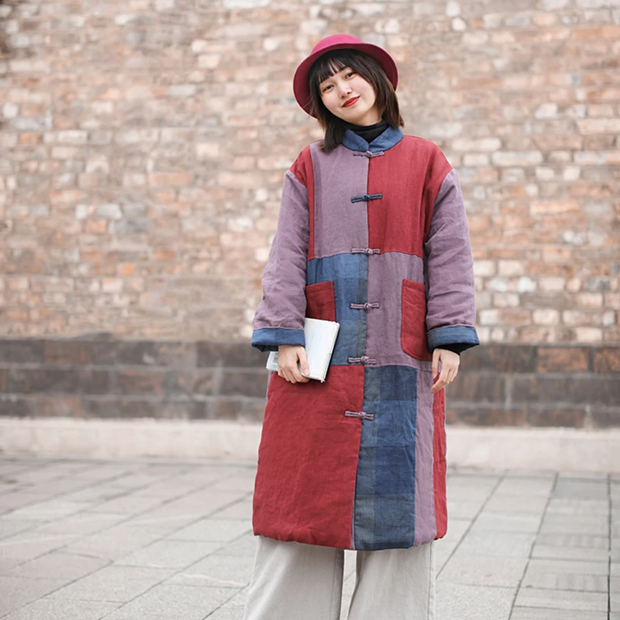 LZJN-Cotton Padded Jacket, Linen Coat, Autumn and Winter, National Style, Frog Fastenings Medium and Long,hundred Family Pattern