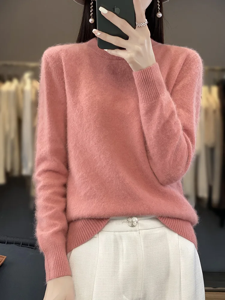Women's O-Neck Cashmere Knitted Sweaters  Autumn Winter Fashion Long Sleeve Pullover New 100% Mink Cashmere Female Clothing