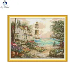 Joy Sunday Landscapes Cross Stitch Kits Cottage by the Sea Aida Fabric 16ct 14ct 11ct Embroidery Cotton Thread Diy Craft Set