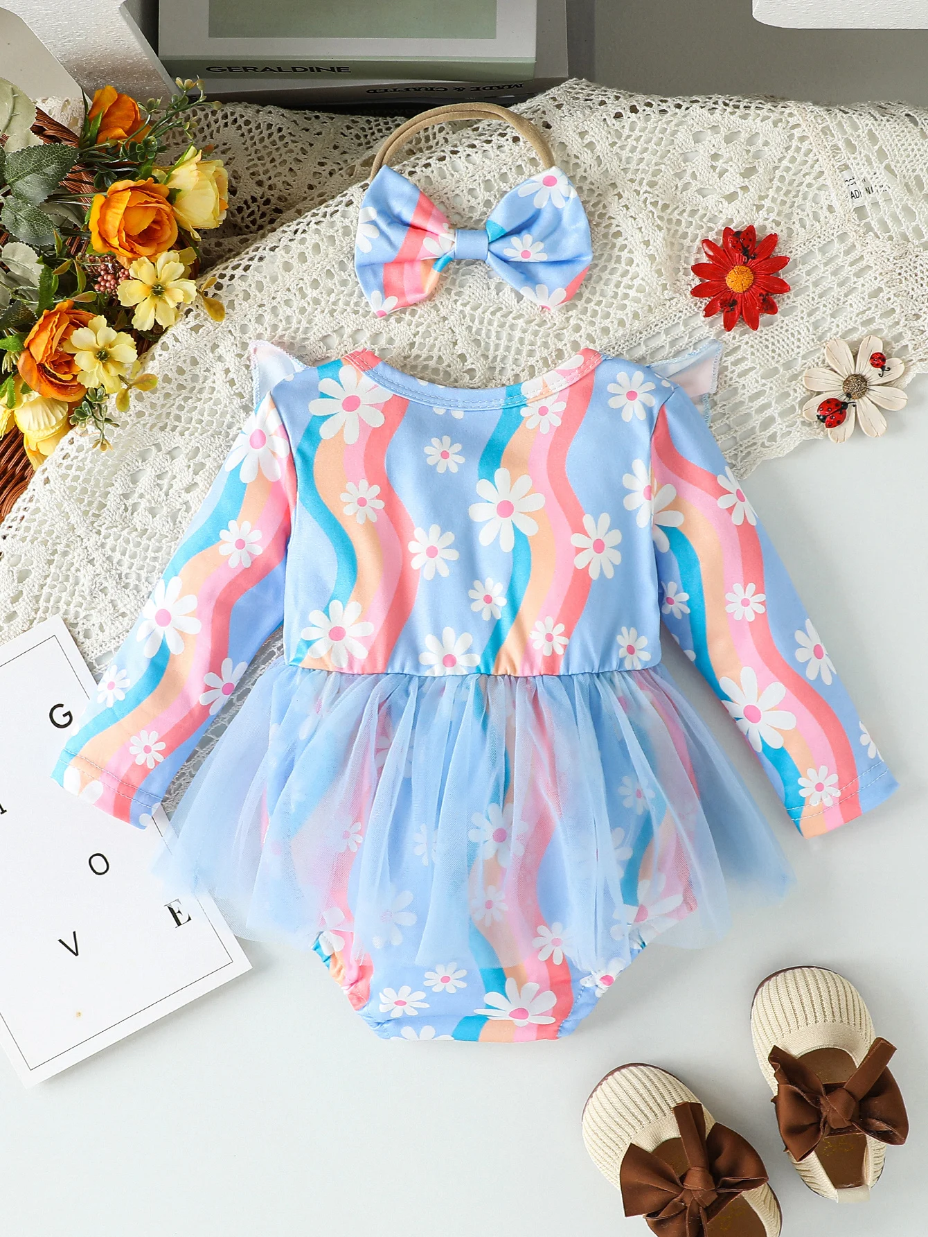 2Pcs Newborn Infant  All Seasons Baby Girls Rompers Print Mesh Long Sleeve Jumpsuit Outfits Clothes For 0-1Y+Headband