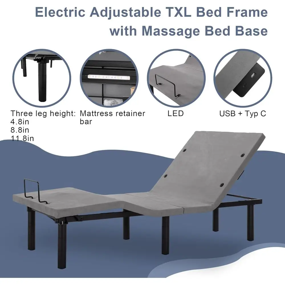 إطار سرير كهربائي قابل للتعديل باللون الرمادي Twin XL مع تدليك ومنافذ USB وإضاءة بدون جاذبية وإضاءة LED وتعديل الارتفاع المتزامن