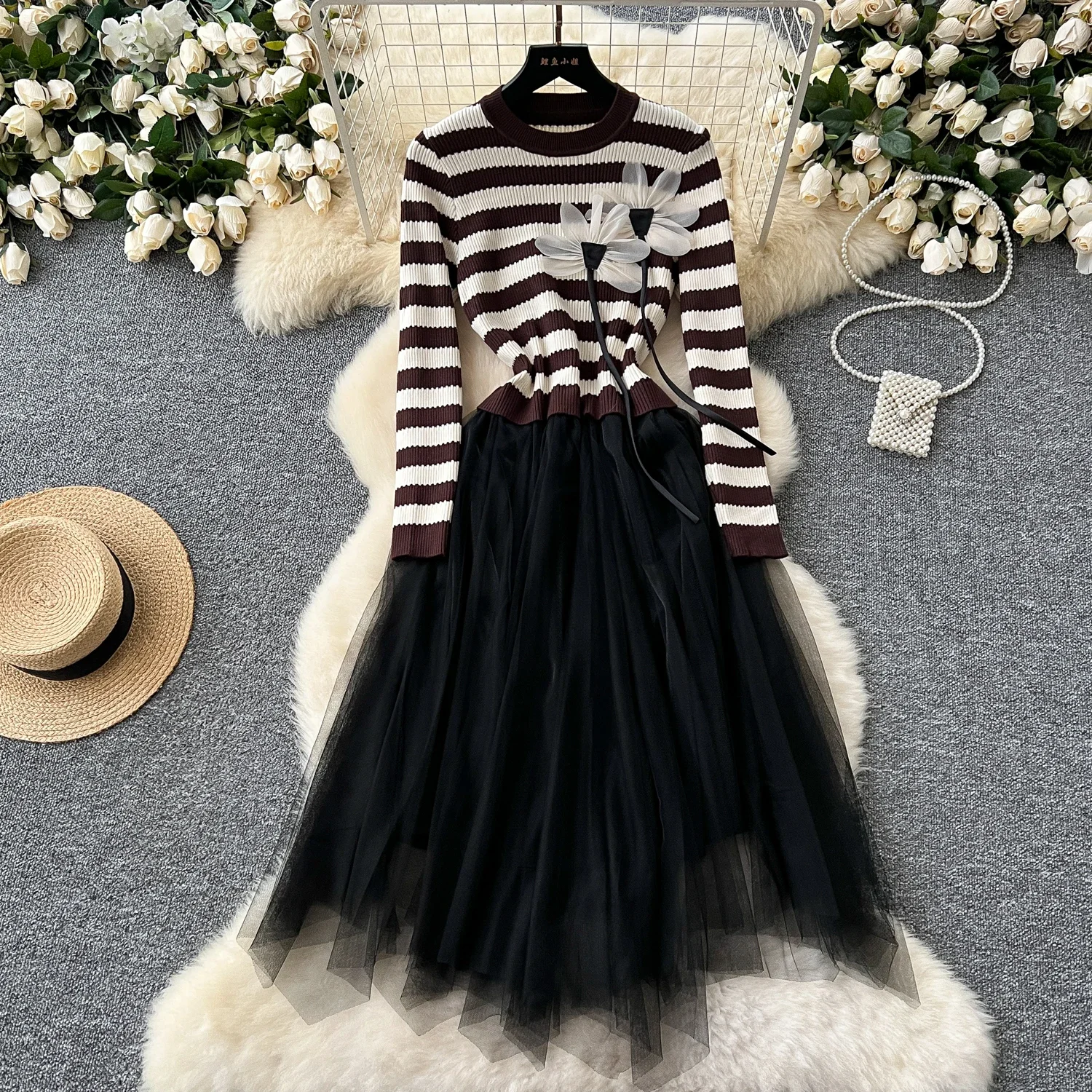 Women Chic Elegant Stripe Knit Patchwork Mesh O Neck Long Sleeve Bodycon Dress Sexy Fashion Elastic Slim A-line Dress